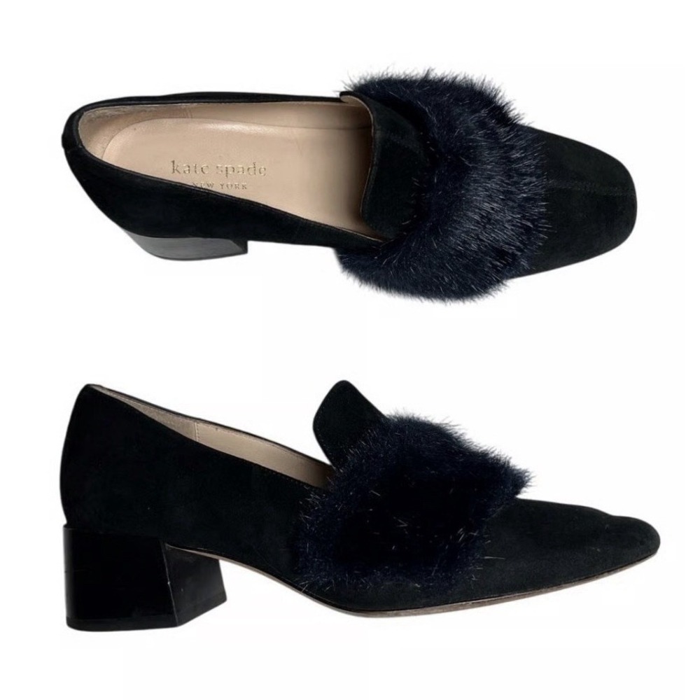 Kate Spade Gama loafers in black suede with a faux fur trim Block Heel Size 8.5